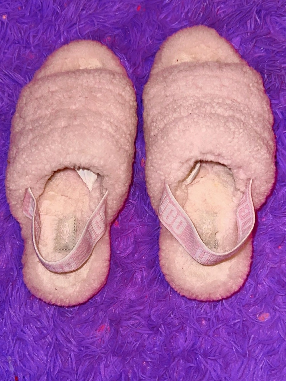 “Fluff Yeah UGG Slides” in Pink Plush Shearling Slide with Heel Strap, Size 6